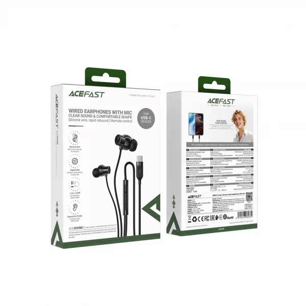 Acefast - USB-C Silicone Earphones with Microphone & Volume Control - Black