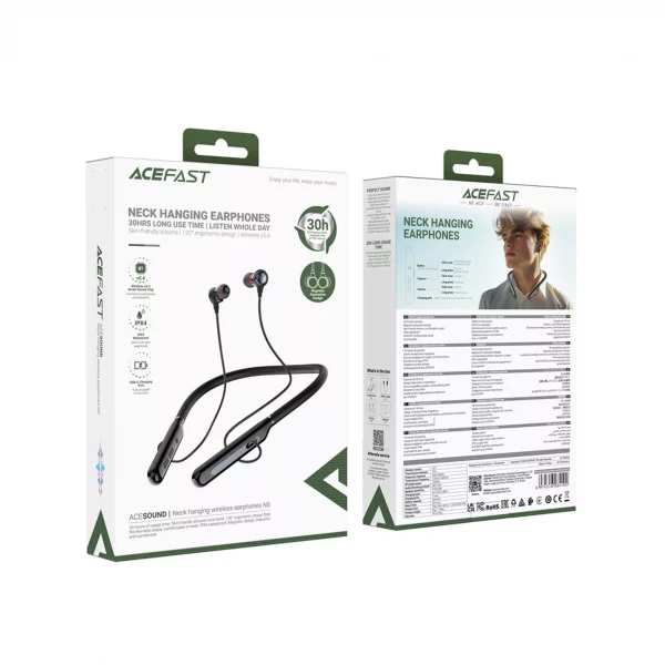 Acefast - Bluetooth Magnetic HD Earphones Silicone Neckband - Black